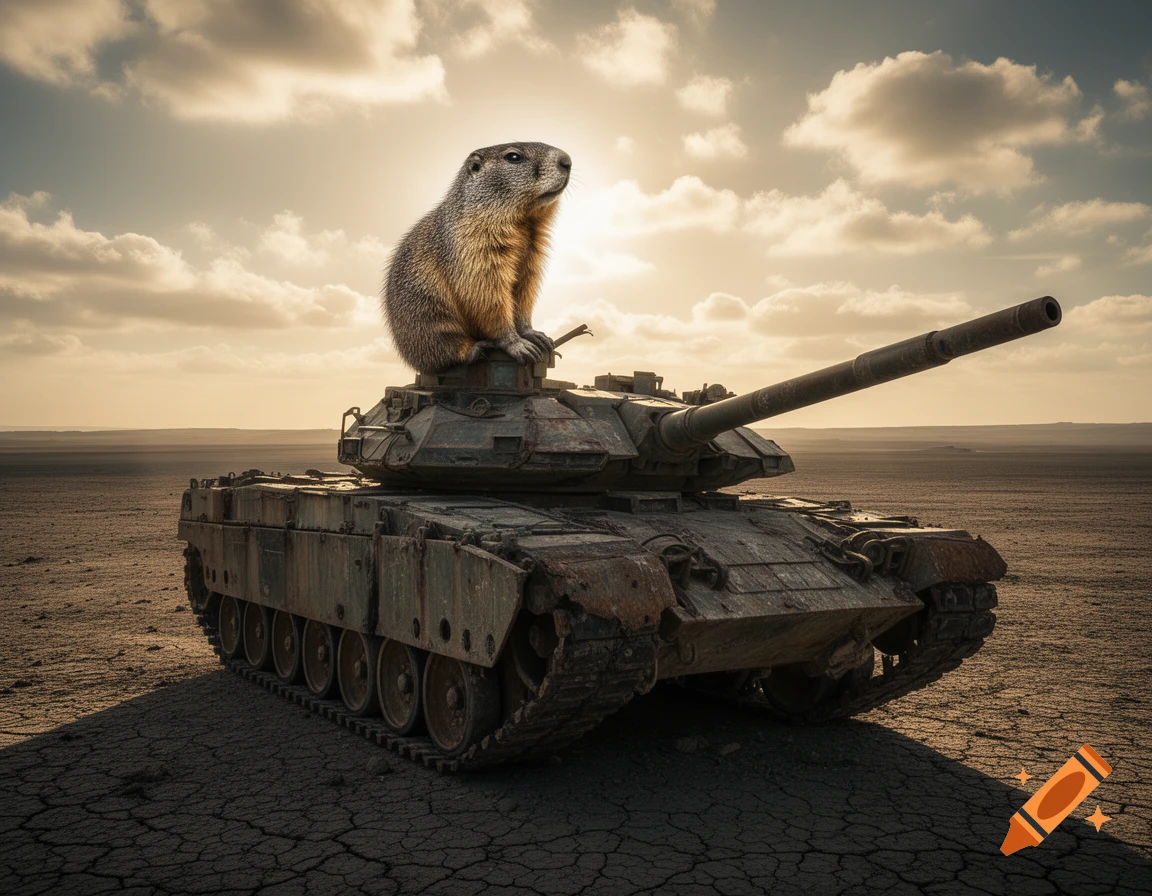 A photorealistic image of a marmot sitting atop a tank in a dry, cracked desert landscape under a cloudy, golden sky.