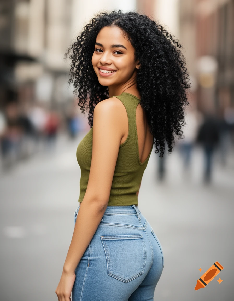 Photorealistic portrait of a smiling young woman with curly dark hair wearing a green tank top and blue jeans, looking over her shoulder on a city street.