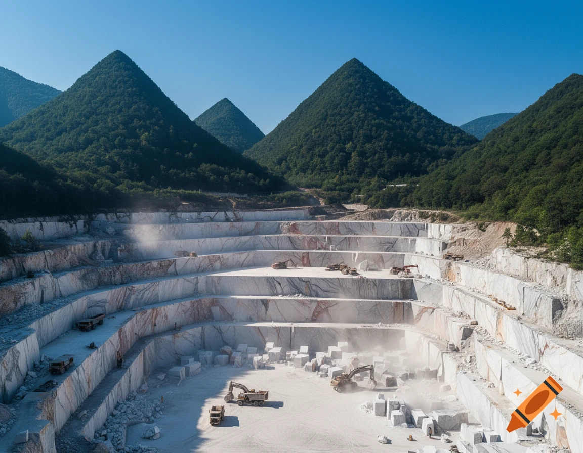 An aerial view of a large, tiered marble quarry with heavy machinery operating amidst blocks of white marble, surrounded by lush green mountains under a clear blue sky.