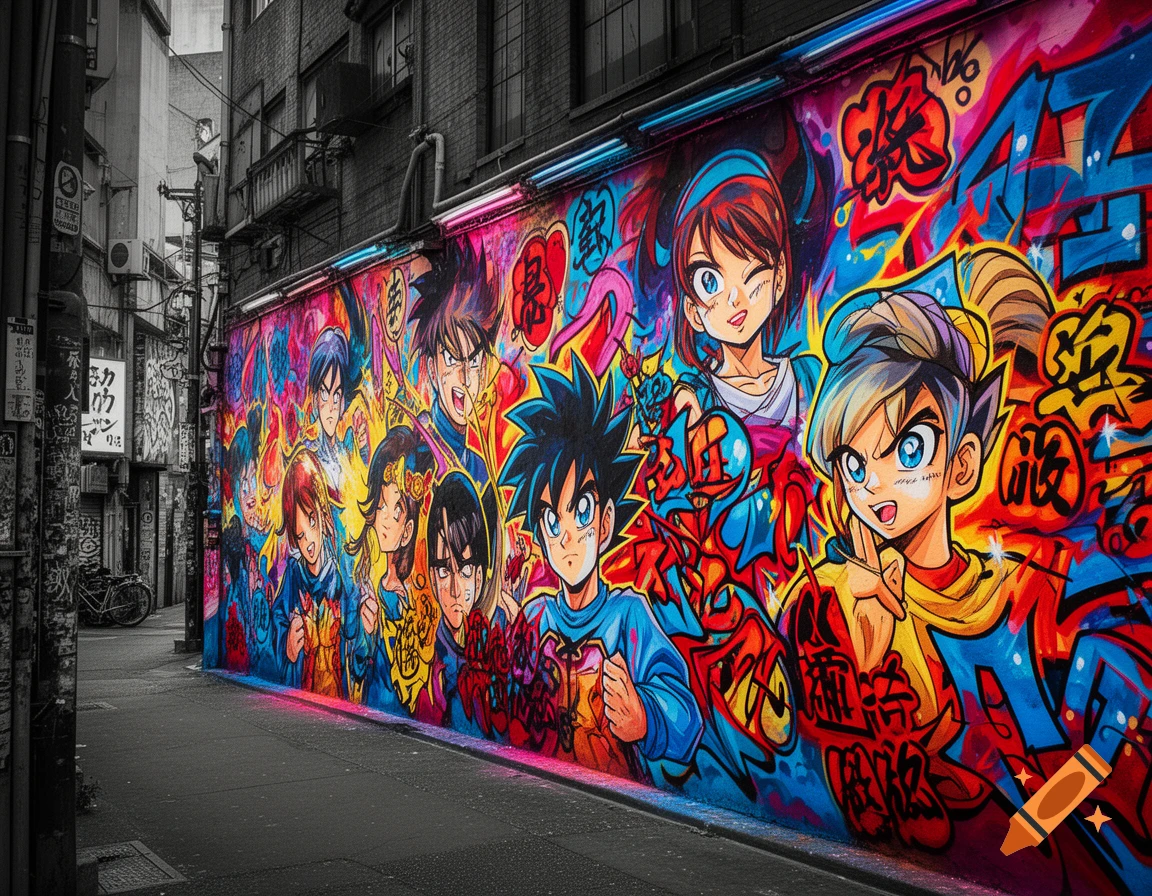 Colorful anime-style graffiti featuring multiple characters on a wall in a grayscale urban alley.