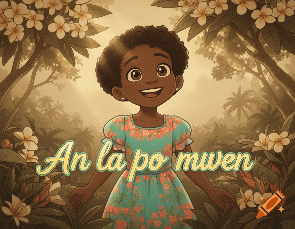 A smiling cartoon girl with afro hair in a floral dress stands in a tropical forest with text 'An la po mwen'.