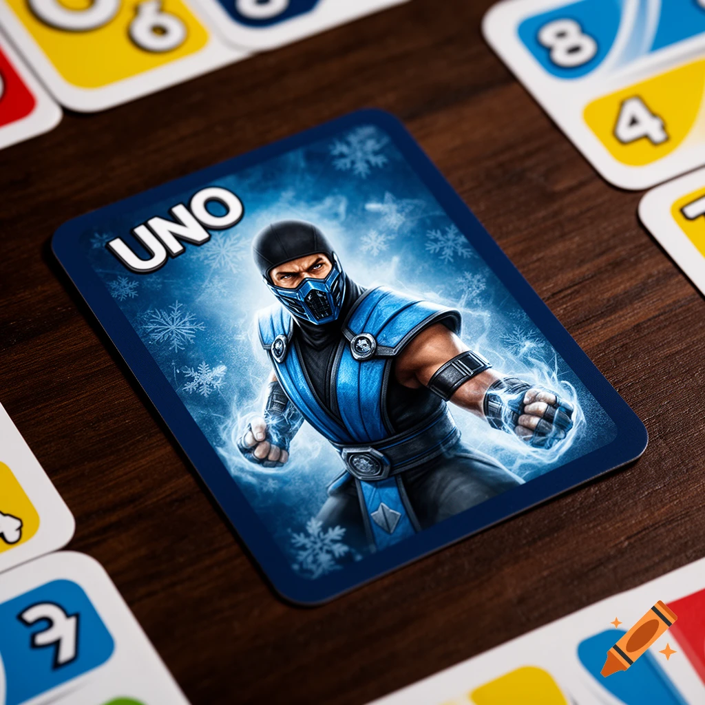 A blue custom Uno card featuring Sub-Zero from Mortal Kombat, surrounded by snowflakes and ice power, on a wooden table with other Uno cards.
