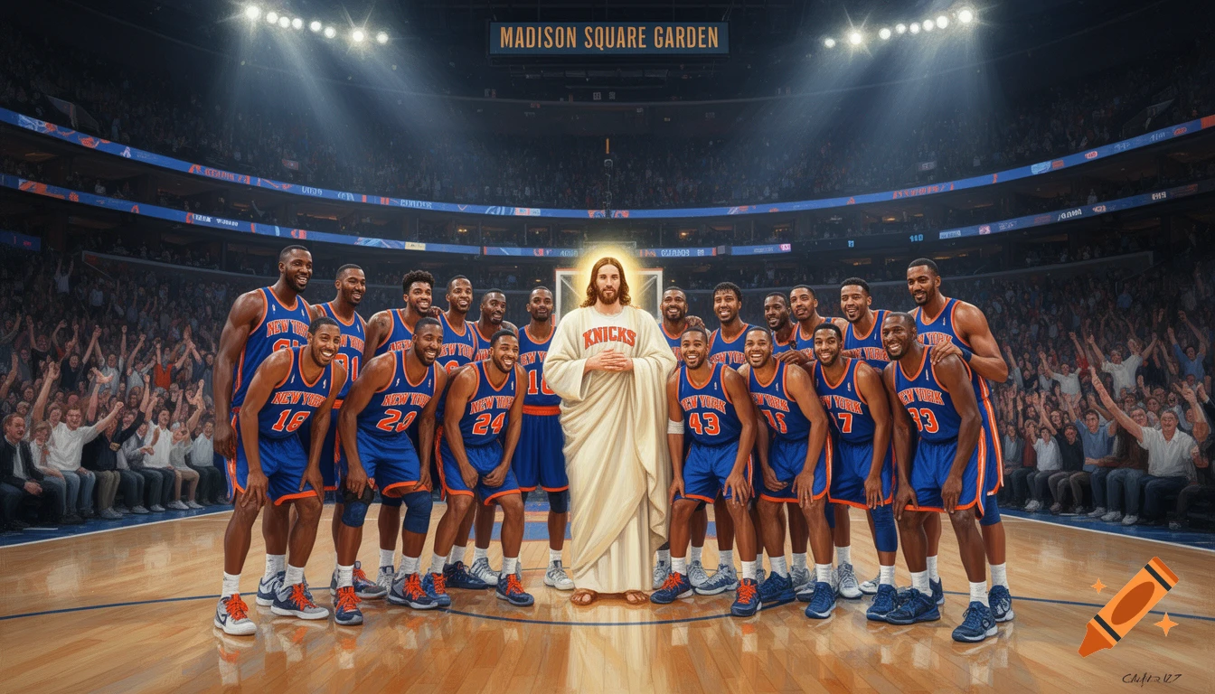 Digital painting of Jesus with the New York Knicks team on a basketball court in Madison Square Garden.