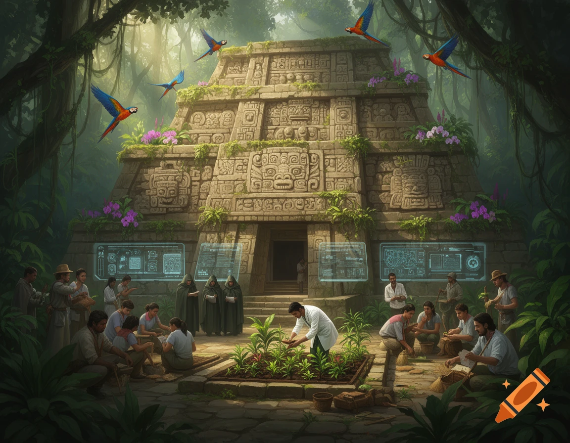 Archaeologists and researchers work near an overgrown ancient jungle temple with holographic screens, surrounded by lush foliage and colorful macaws.