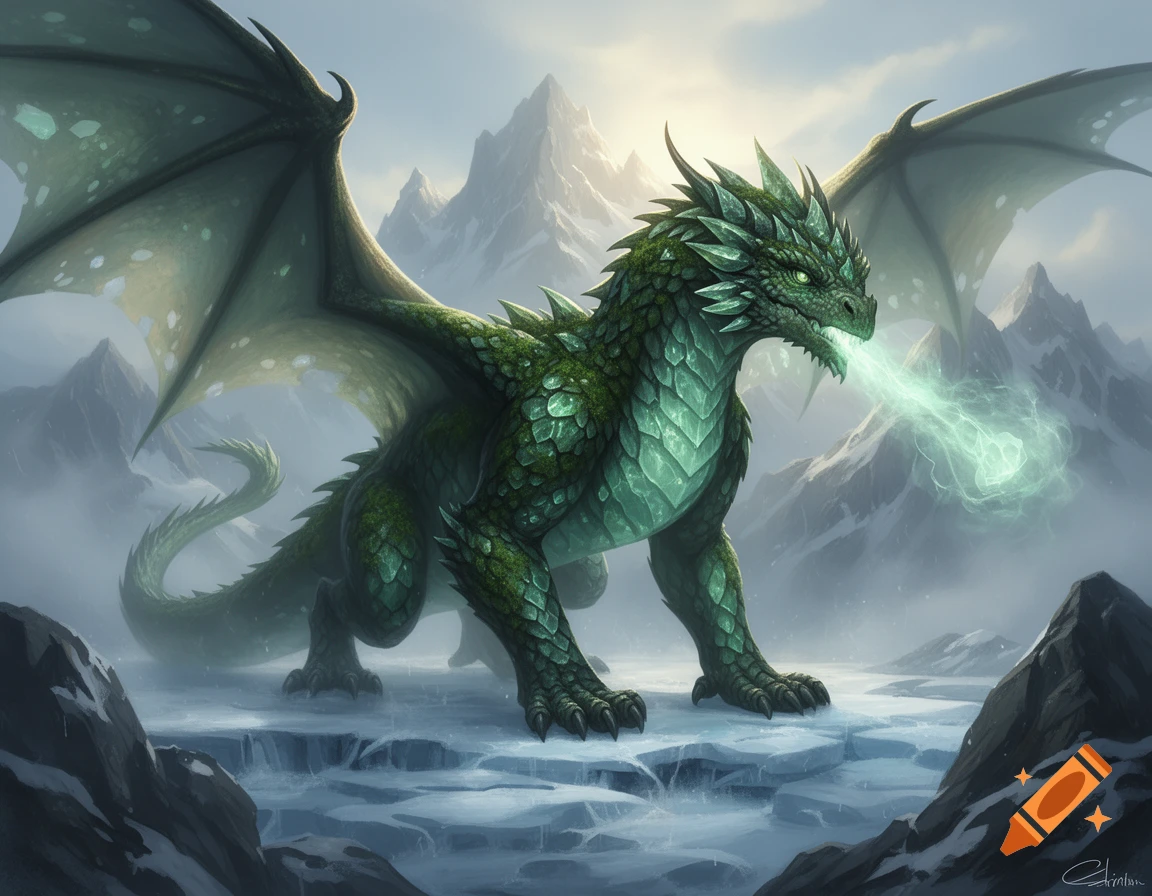 A majestic green dragon with large wings stands on a frozen plain, breathing icy mist in a snowy mountain landscape.