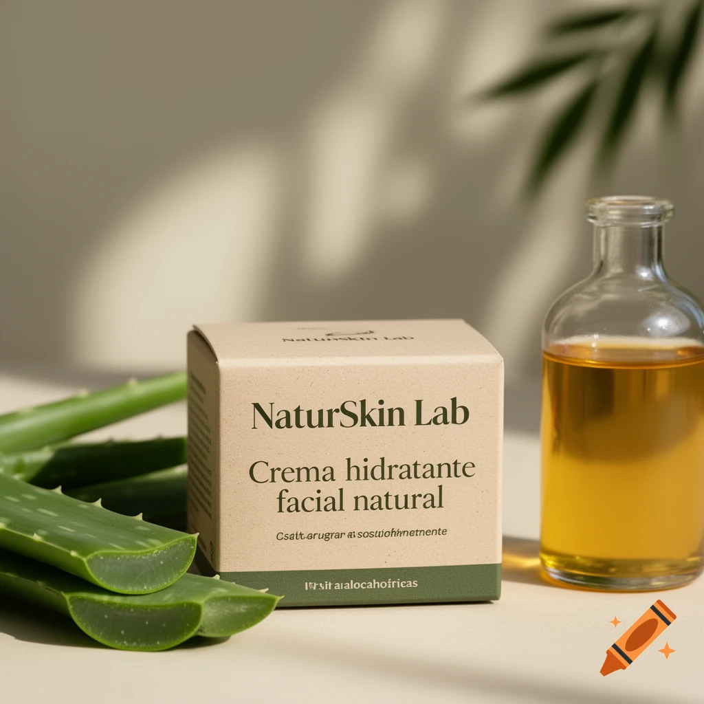 A NaturSkin Lab moisturizer box, aloe vera leaves, and a clear bottle of amber oil on a table with shadows.