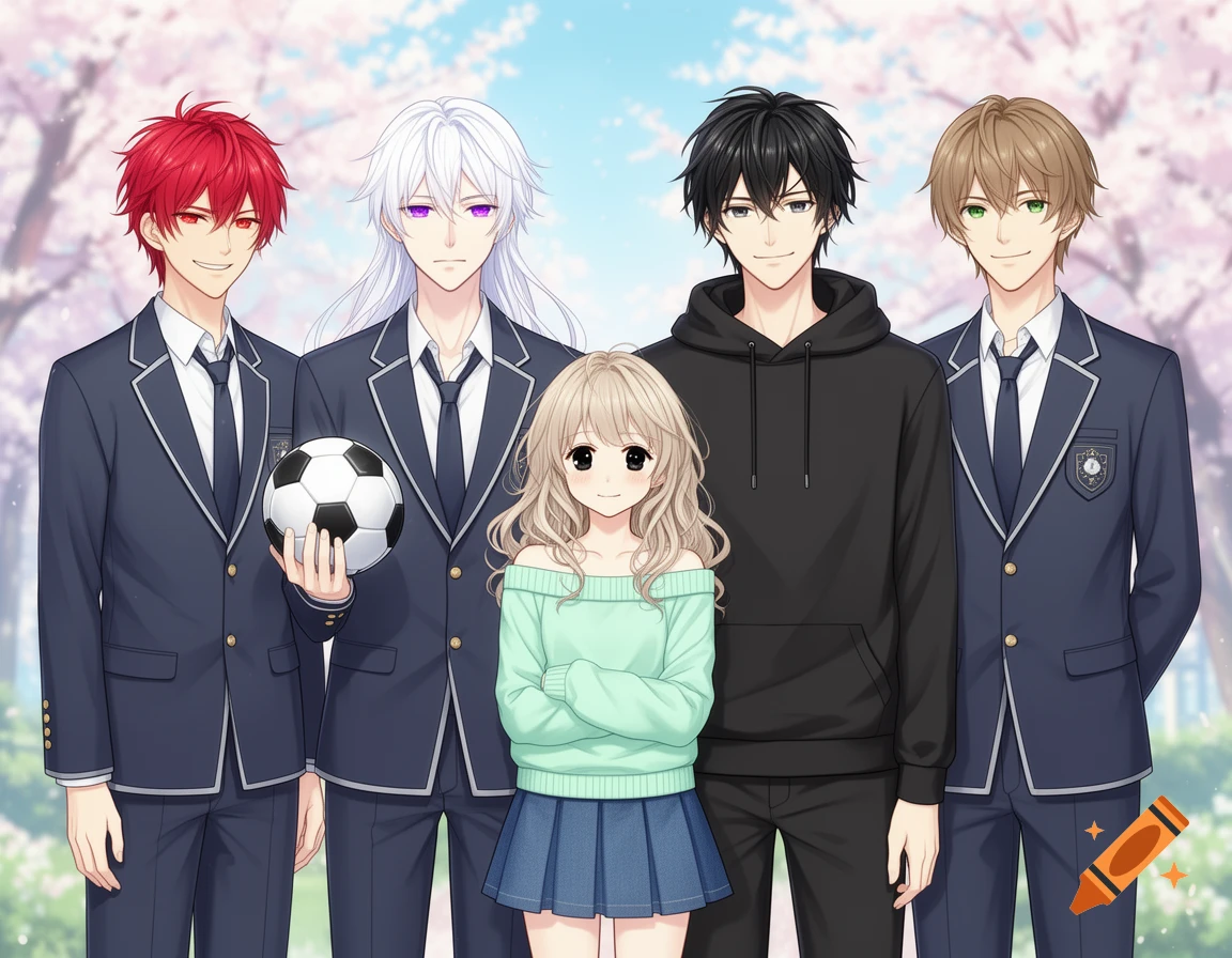 Anime-style group portrait of four smiling males and one female in school uniforms and casual wear, with cherry blossoms in the background. One male holds a soccer ball.