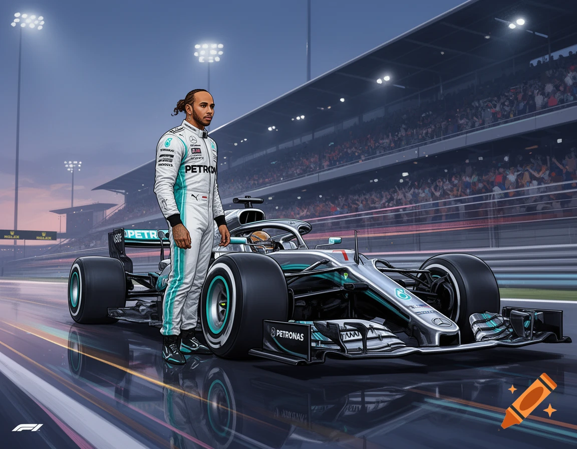 Stylized illustration of Lewis Hamilton in a white and teal racing suit, standing beside his Mercedes F1 car on a race track at dusk, with grandstands full of spectators in the background.