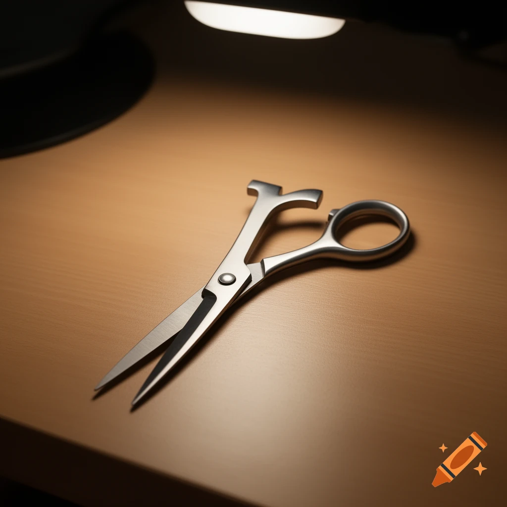 A pair of shiny silver scissors with one handle shaped like the letter 'r' rests on a light brown wooden desk under a lamp.
