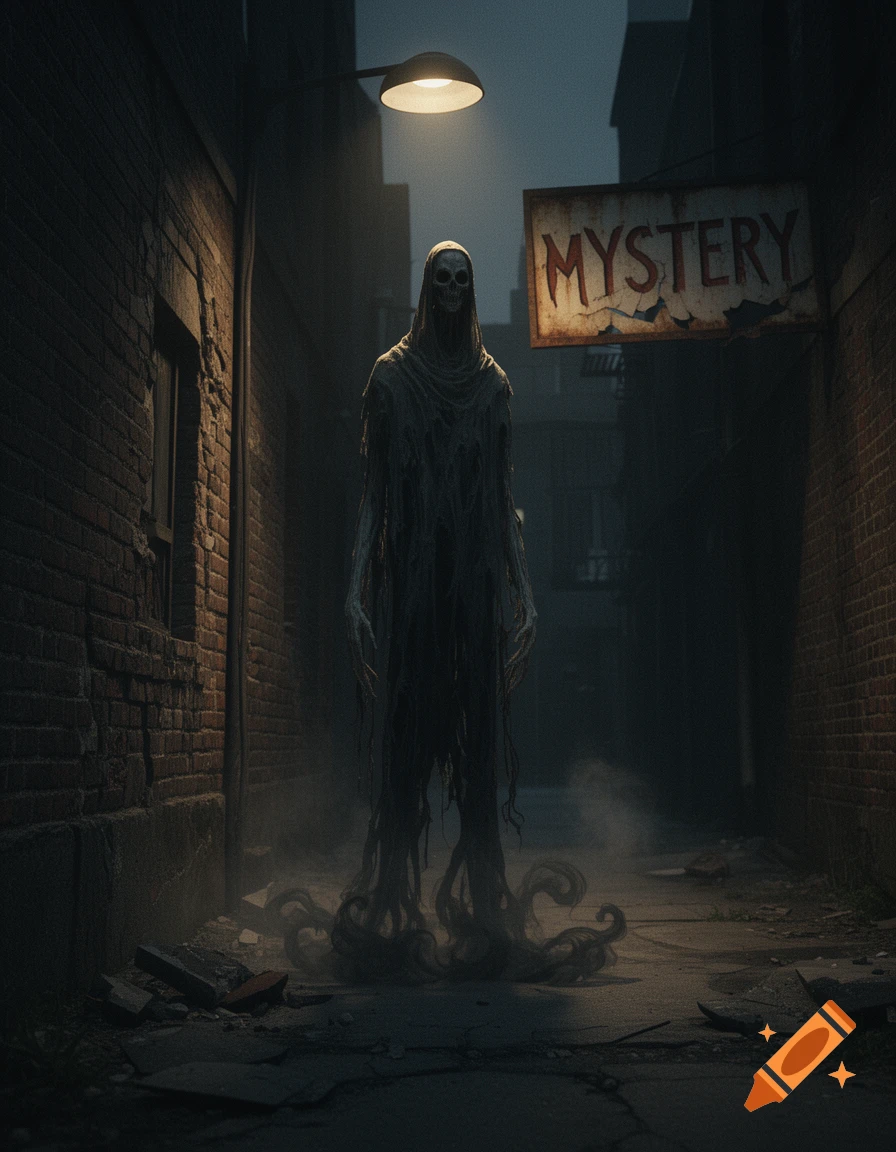 A gaunt, cloaked skeletal figure with tendrils stands in a dark, foggy alley under a street lamp, a 'MYSTERY' sign visible, in a horror style.