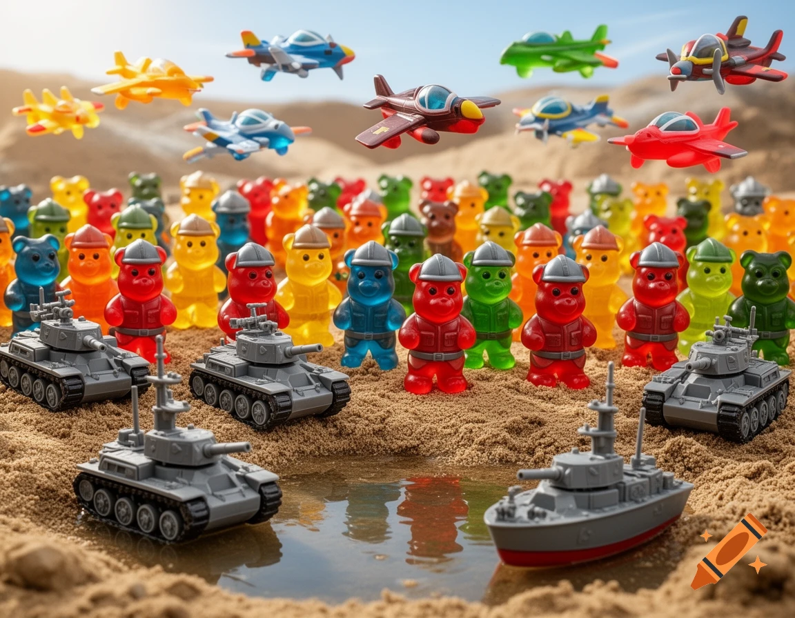 Colorful gummy bear soldiers in helmets stand on sand with toy tanks, ships in water, and planes flying above.