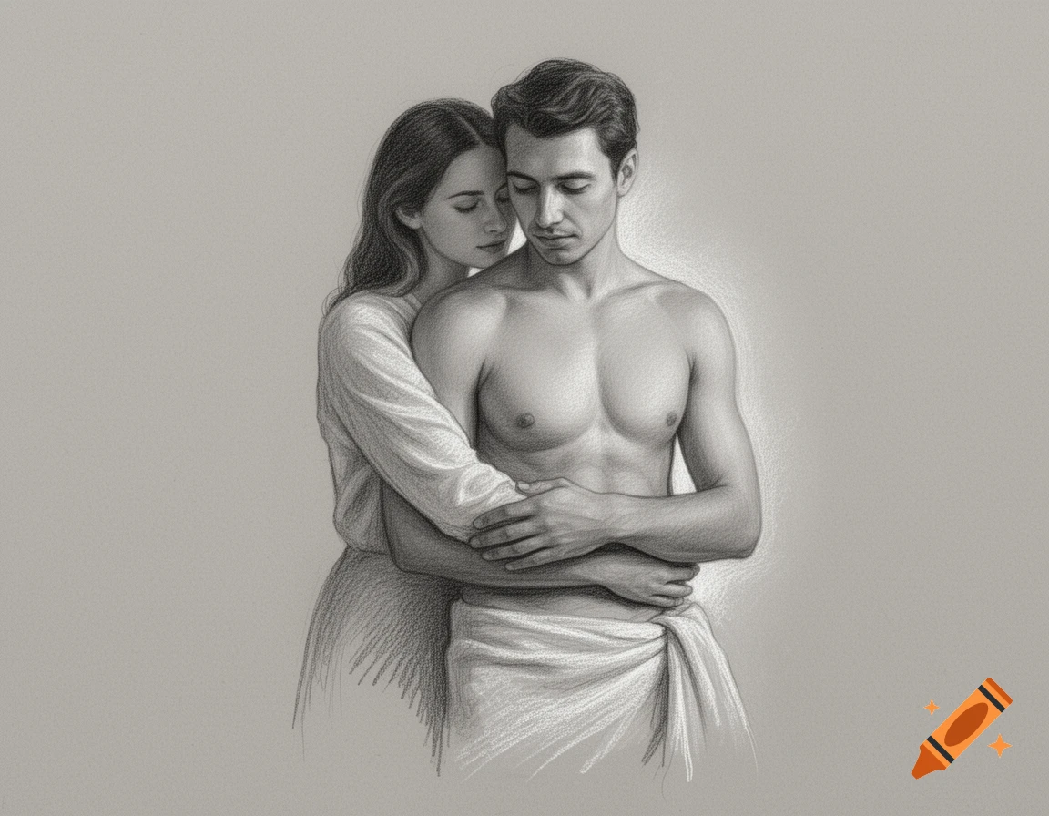 A chalk drawing of a woman embracing a shirtless man from behind, who has a towel wrapped around his waist.