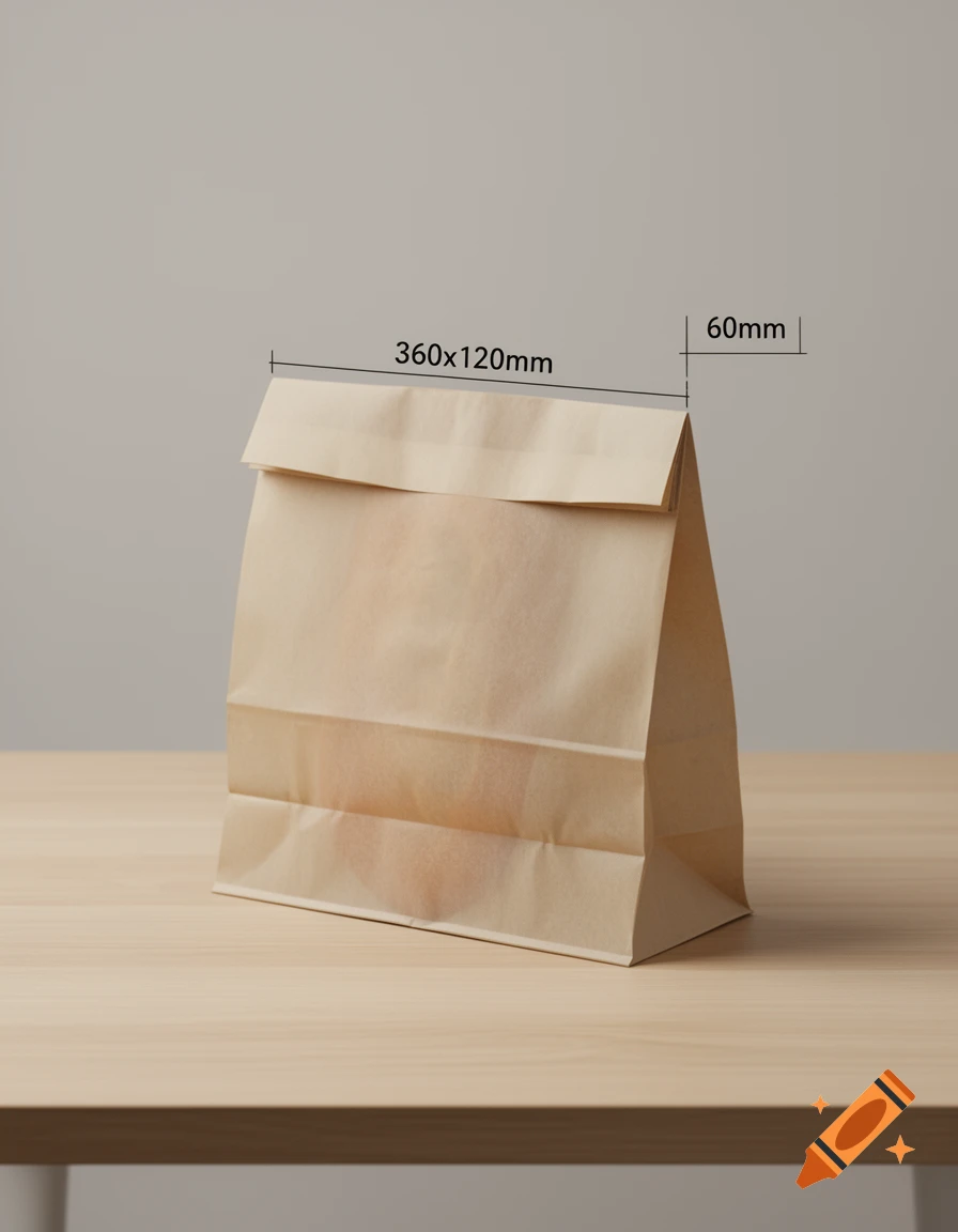 Brown paper bread bag mockup with labeled dimensions 360x120mm and 60mm, on a light wooden table.