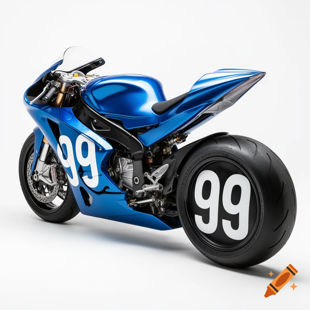 A blue sports motorcycle with the number 99 on its side and rear wheel, angled on a white background. Photorealistic style.
