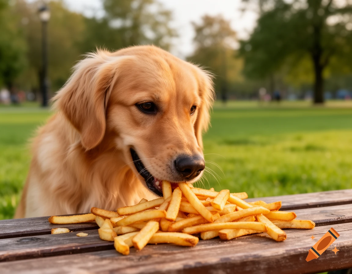 A golden retriever dog with its mouth open, happily eating a pile of french fries off a wooden picnic table in a sunny park.