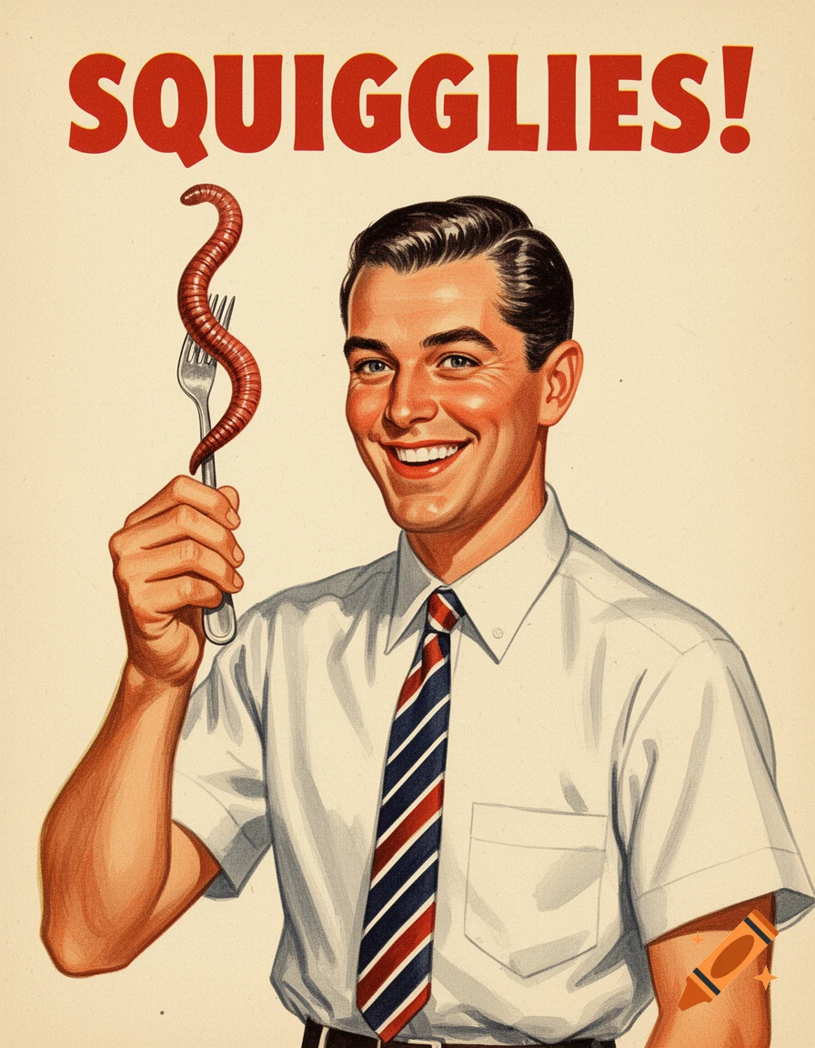 A smiling man in a 1950s style shirt and tie holds a fork with a large earthworm, with 'SQUIGGLIES!' text at the top.