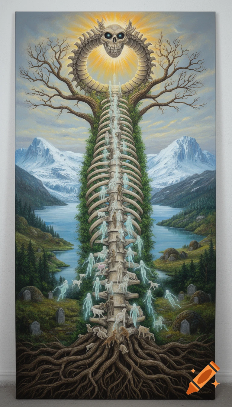 A detailed painting of a tree with a giant spine for a trunk, crowned by a skull-sun. Spirits ascend through vertebrae in a fjord landscape.
