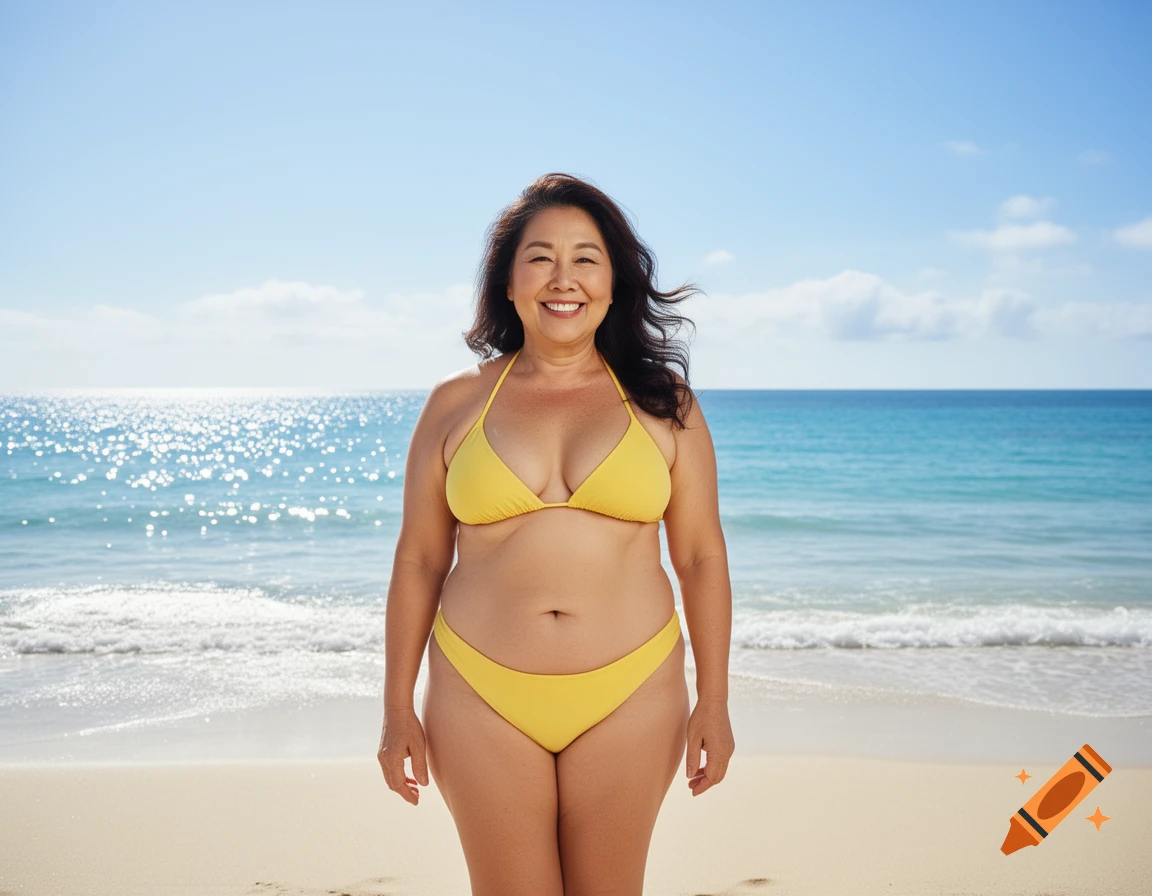 A smiling curvy middle-aged Asian woman in a yellow bikini stands on a sunny beach.
