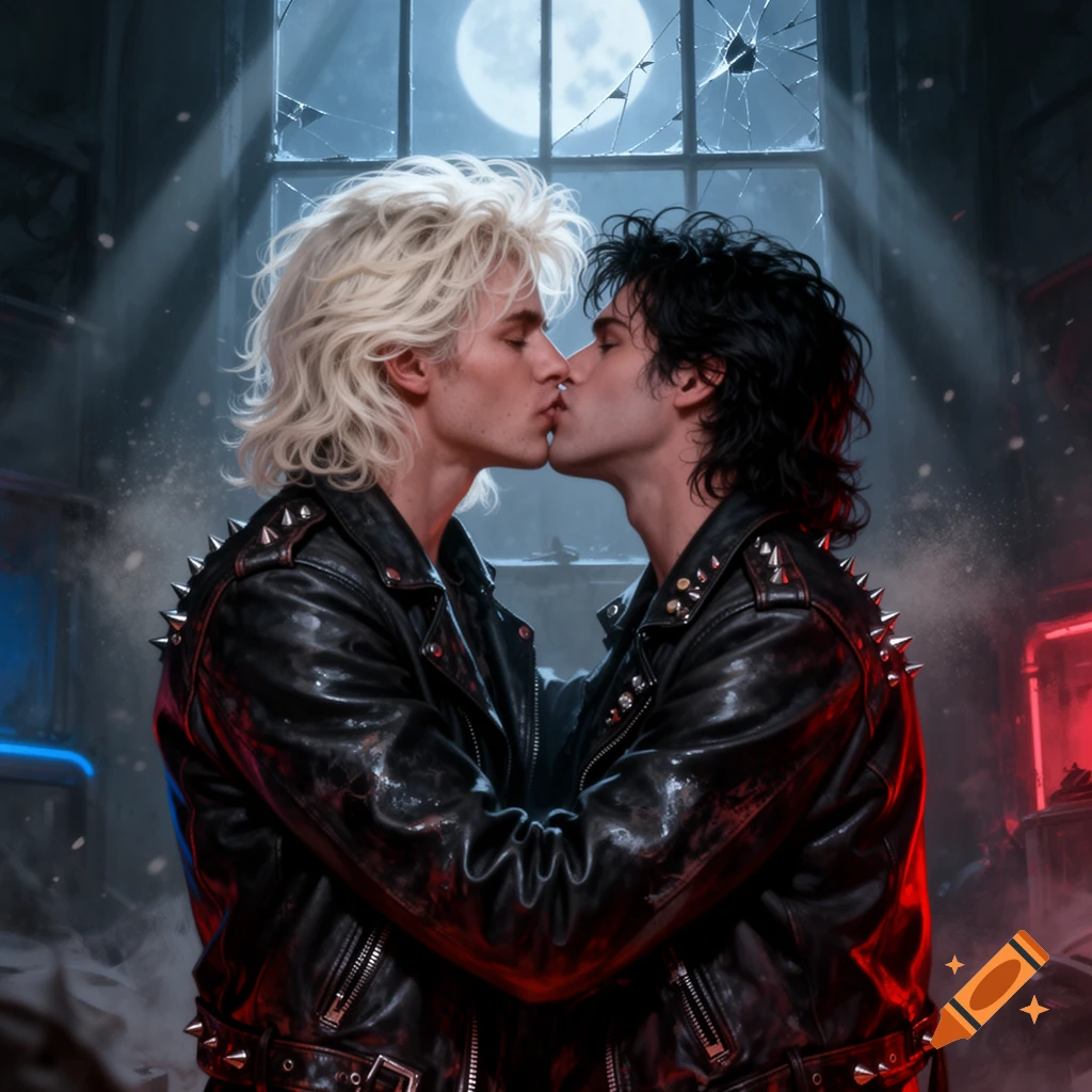 Two men in studded leather jackets kiss in a dark room with a broken window under a full moon.