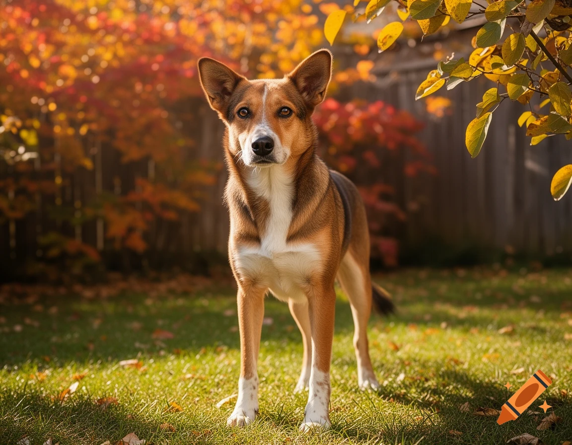 A brown and white dog stands in a sunny, grassy yard with vibrant red and yellow autumn leaves in the background.