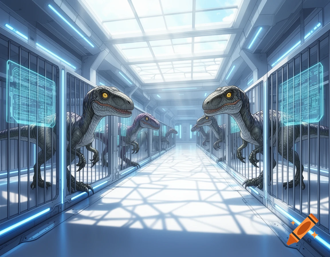 A futuristic police kennel houses several velociraptors in individual paddocks with glowing blue data screens.