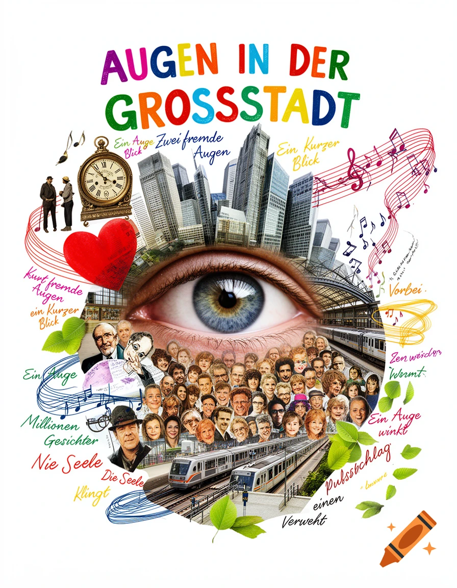 A vibrant collage titled 'AUGEN IN DER GROSSSTADT' features a large blue eye, a modern city skyline, a crowd of diverse faces, trains, and various textual snippets and symbols like music notes and a red heart.