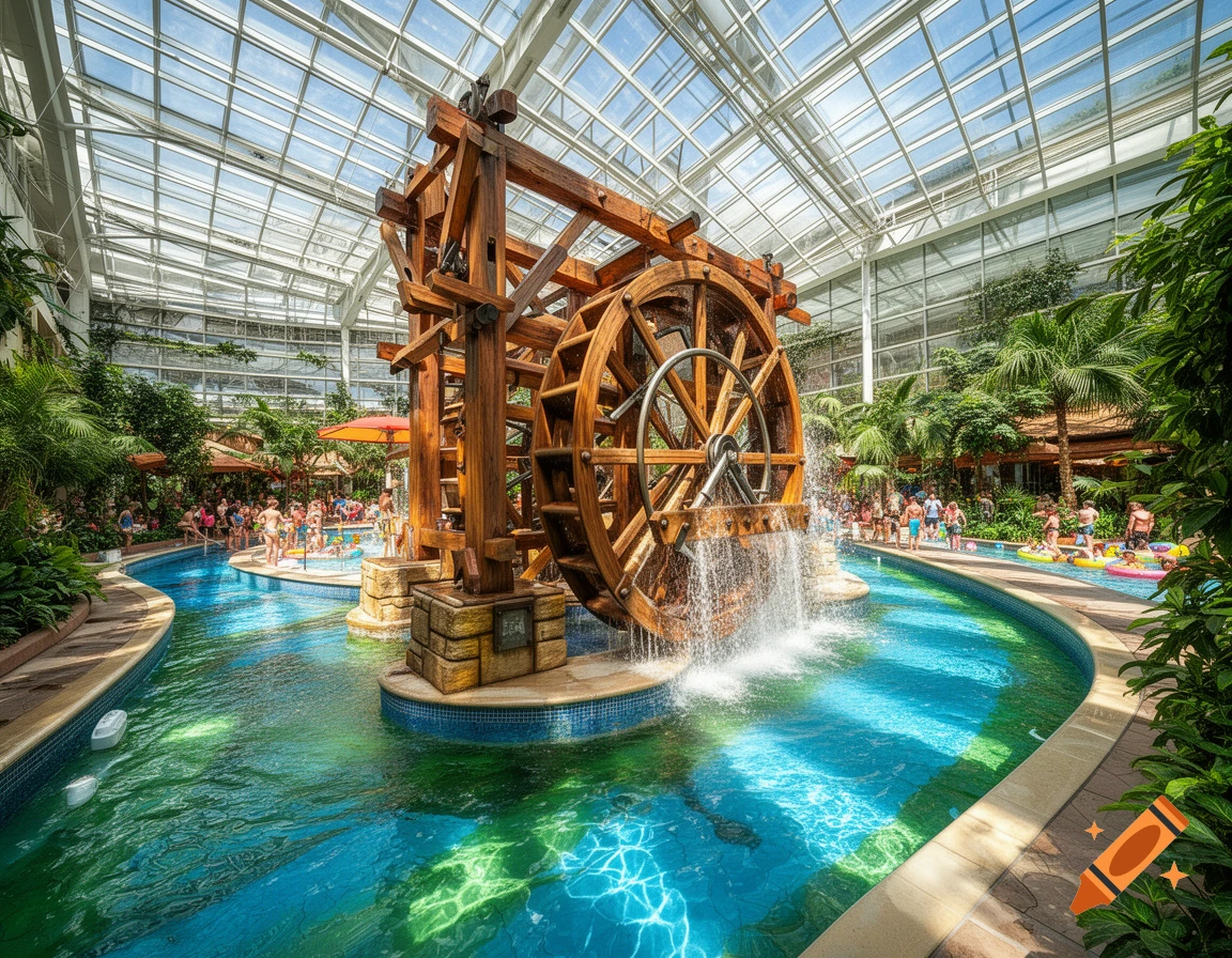 A vibrant indoor water park featuring a large wooden water wheel fountain, multiple pools, and lush palm trees under a glass ceiling with many people.