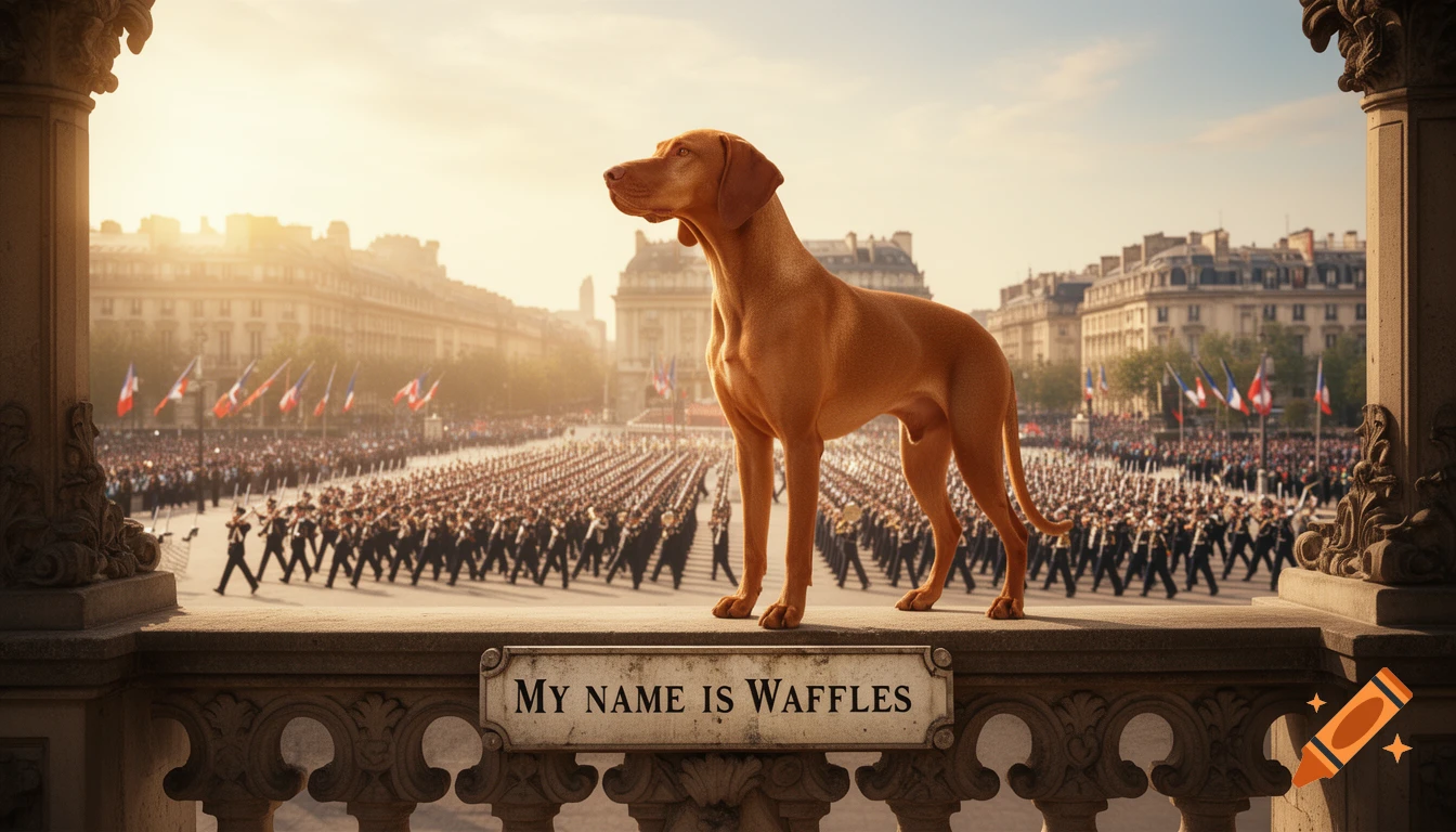 Photorealistic image of a Vizsla dog on a stone balcony overlooking a grand military parade in a European city, sign says "MY NAME IS WAFFLES".