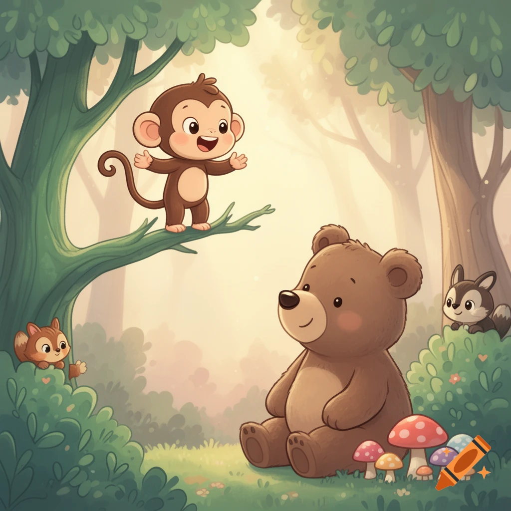 A cute baby cartoon monkey on a tree branch talks to a bear sitting below in a sunny forest, with small animals and mushrooms around.