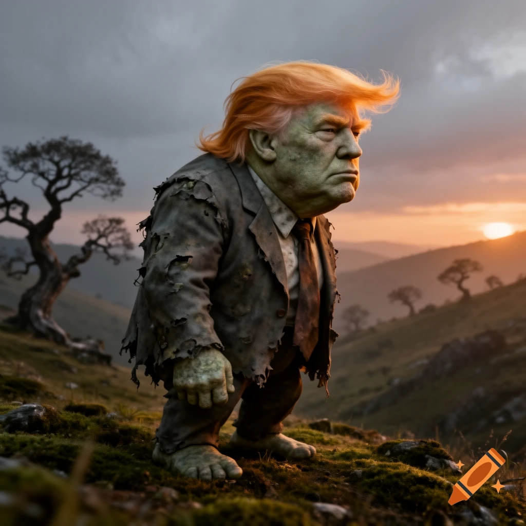A green-skinned Donald Trump troll with orange hair and tattered clothes stands on a mossy hill overlooking a sunset mountain landscape.