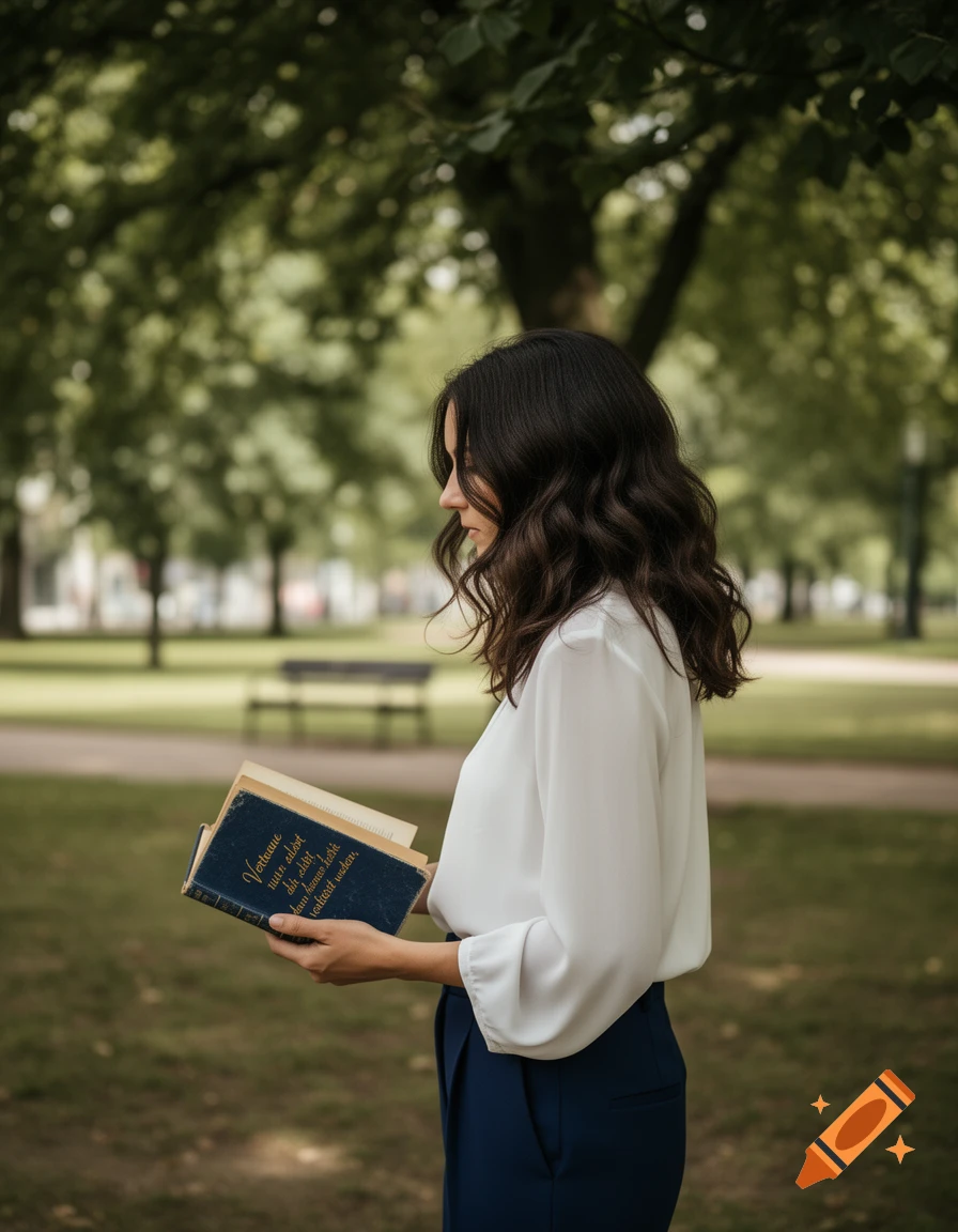 A woman with dark wavy hair in a white blouse and blue pants stands in a park, looking down at an open book she holds.