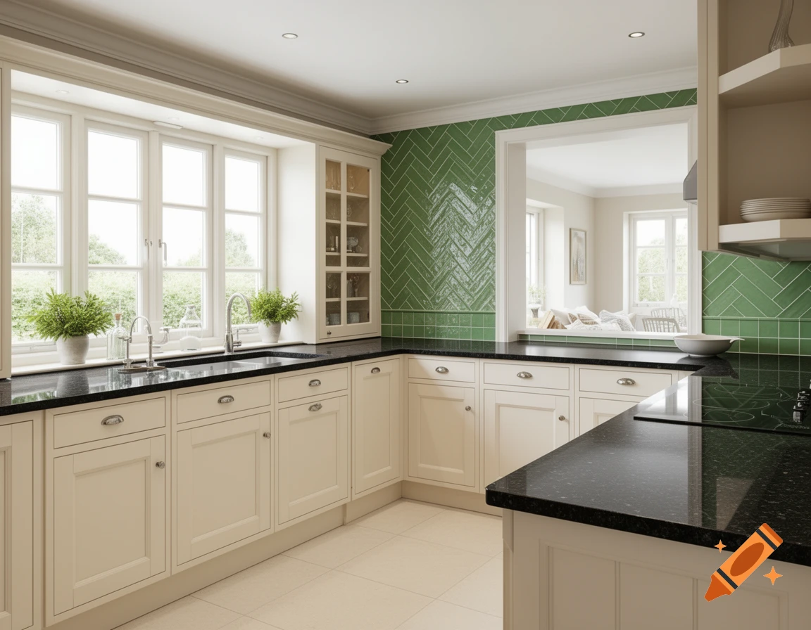 A modern kitchen with magnolia cabinets, black granite countertops, a green herringbone tile backsplash, and large windows.