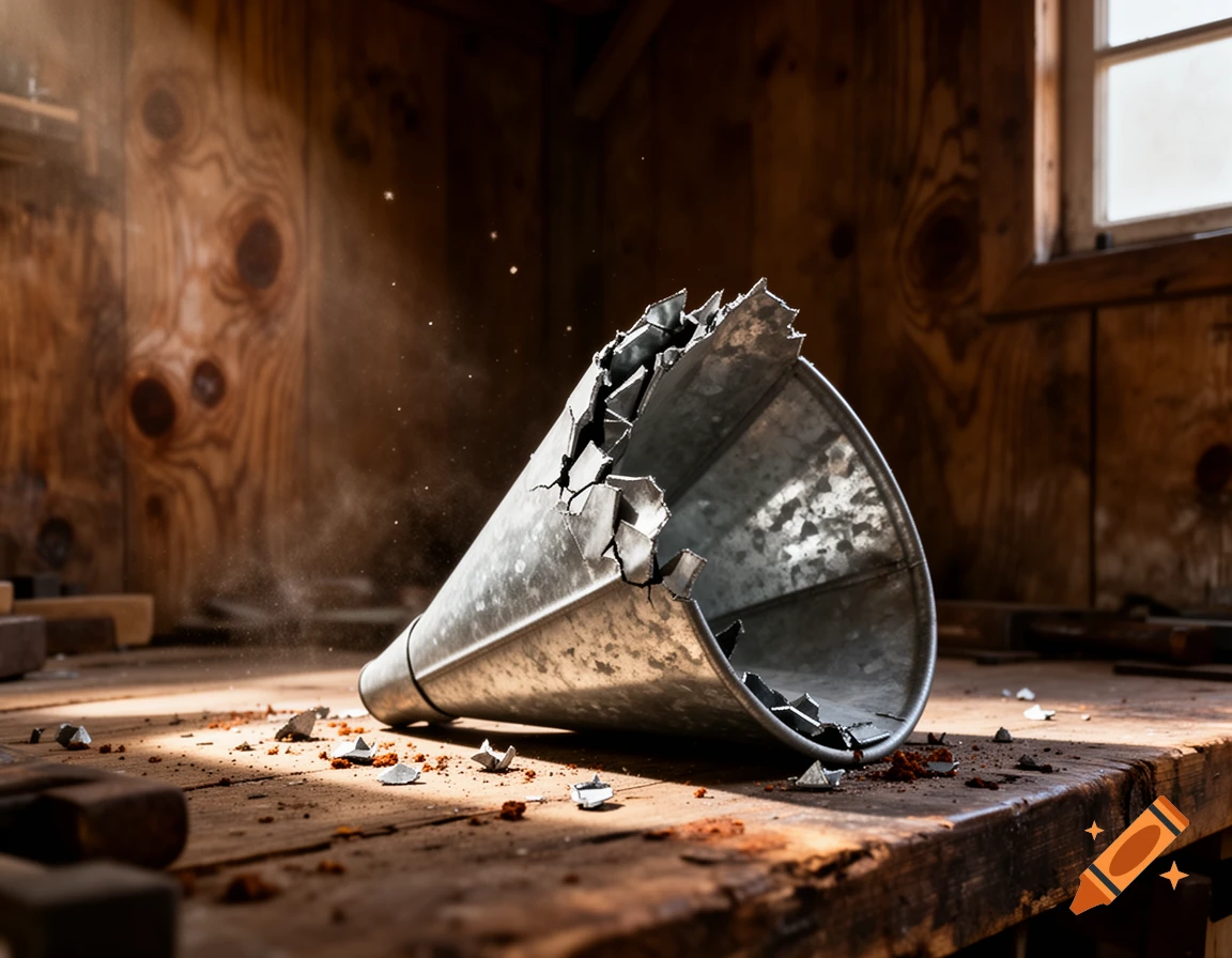 A broken metal funnel lies on a dusty wooden workbench, illuminated by sunlight filtering through a window.