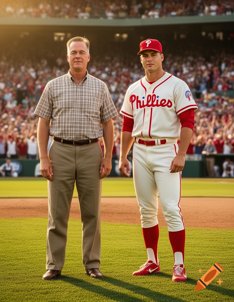 A man in a plaid shirt stands next to a baseball player in a white Phillies uniform on a green field in a stadium.
