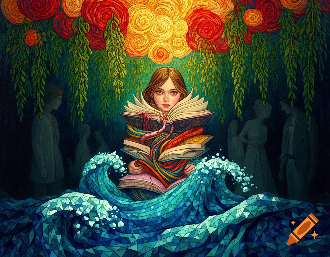 A stylized image of a young girl emerging from books with colorful ribbons, surrounded by mosaic waves, swirling flowers, and shadowy figures.