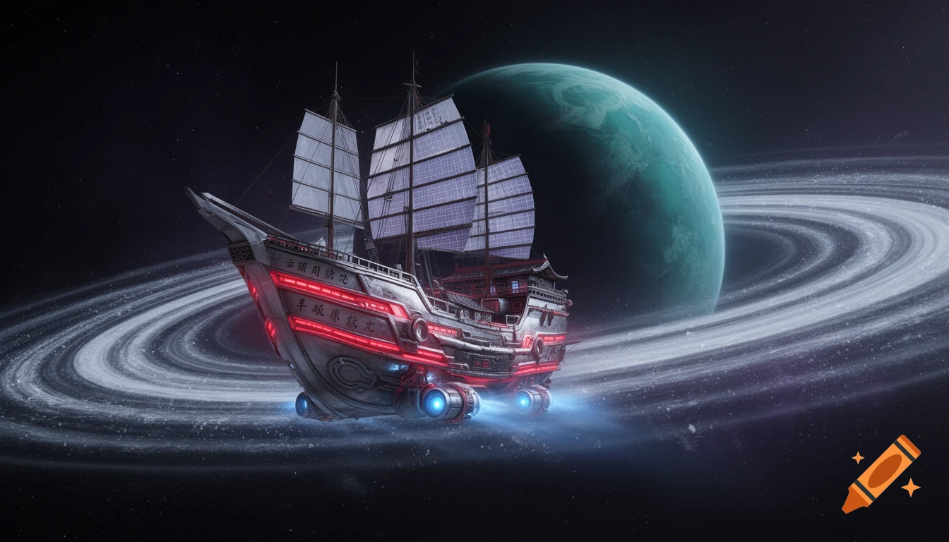 A detailed futuristic Japanese junk ship with red neon lights flies through the icy rings of a teal planet in deep space.