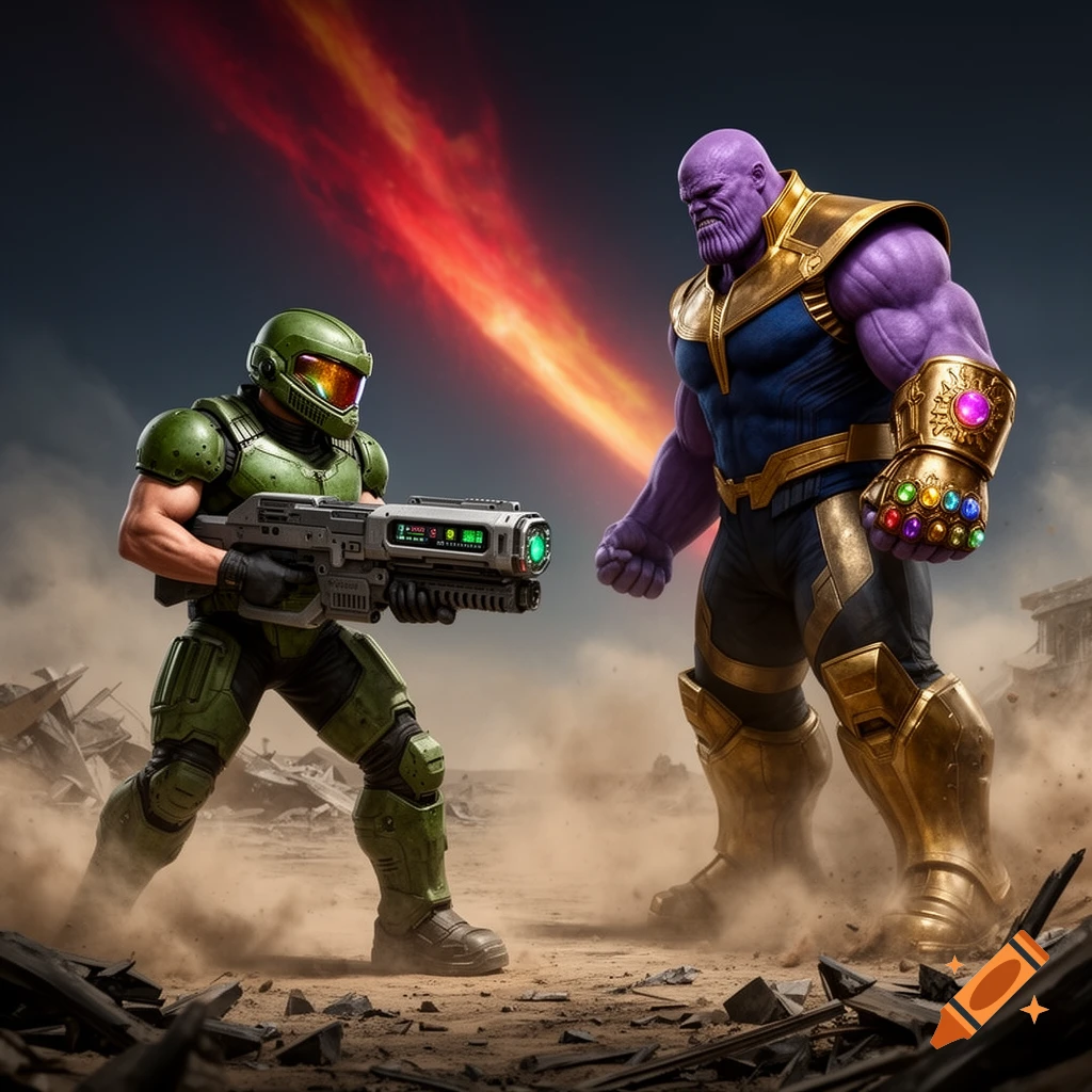 Doomguy in green armor with a large gun stands ready to fight Thanos, who wears golden armor and the Infinity Gauntlet, on a dusty battlefield under a dark sky with a red energy trail.