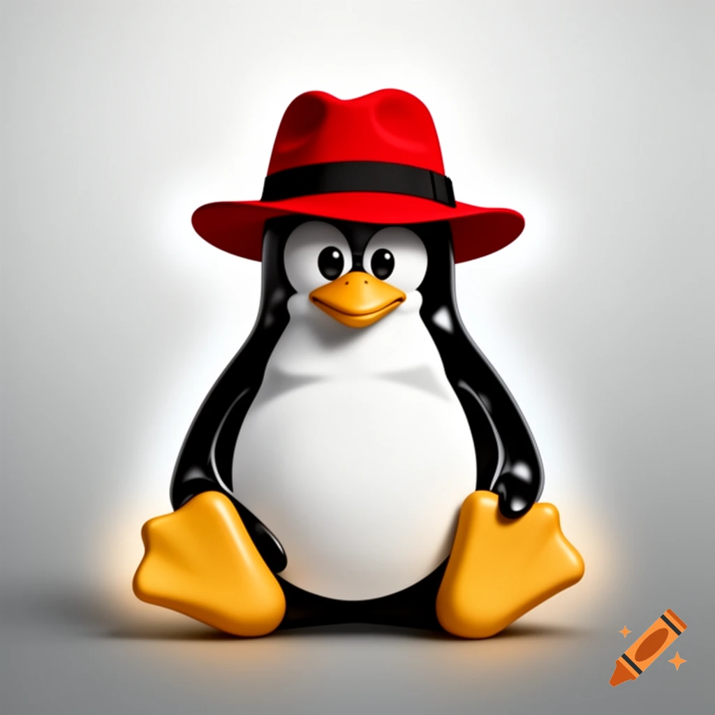 A stylized, glossy black and white cartoon penguin with an orange beak and feet, wearing a red fedora, sits on a reflective surface.