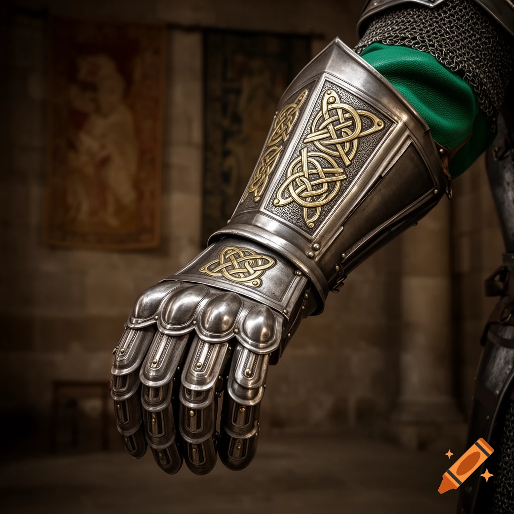 Close-up of a knight's armored gauntlet featuring intricate gold Celtic knot designs on silver metal, with a green sleeve and chainmail visible.