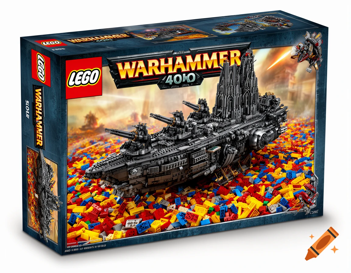 A Lego box featuring a large dark gray Warhammer 40k battleship model, surrounded by colorful Lego bricks.