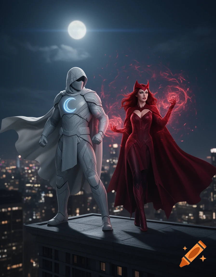 Photorealistic image of Moon Knight and Scarlet Witch standing on a city rooftop at night under a full moon.