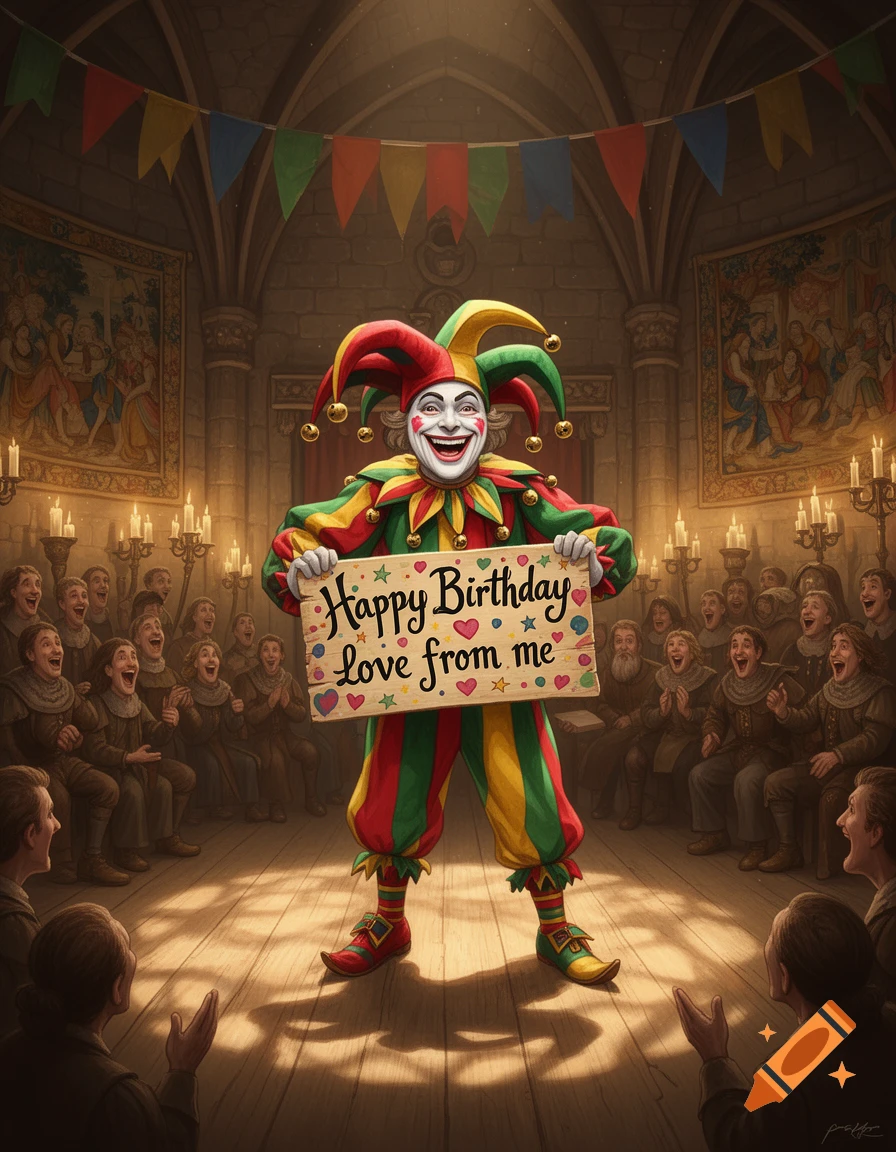 A cheerful jester in a colorful costume holds a "Happy Birthday Love from me" sign, smiling at an applauding audience in a medieval hall.