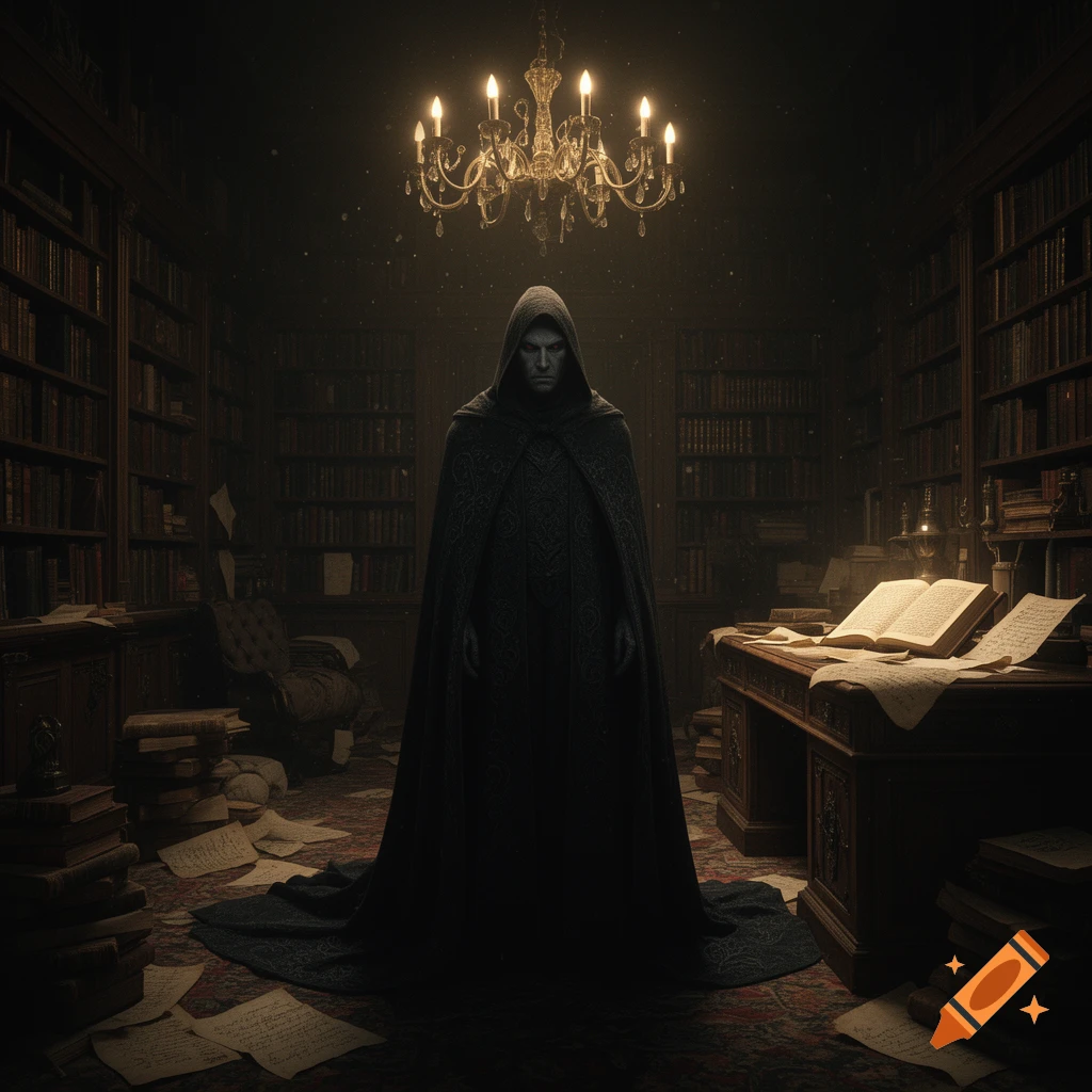 A cloaked, hooded figure with a pale face stands in a dark, ornate gothic library filled with books, illuminated by a chandelier.