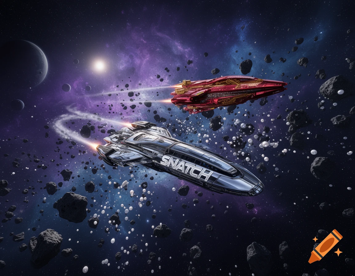 Two futuristic spaceships, one silver with 'SNATCH' written on it and one red, race through an asteroid field in a vibrant nebula with distant planets.