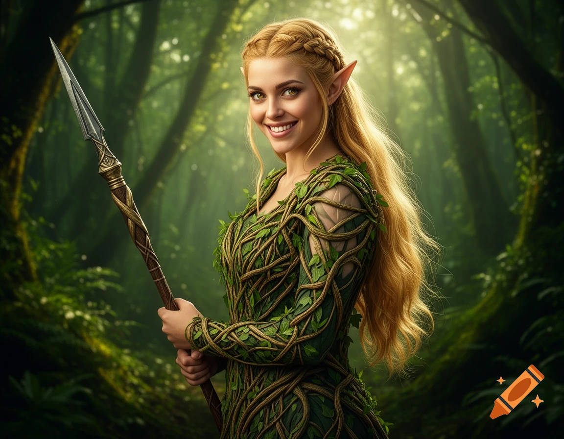 A smiling blonde elf warrior with pointed ears and a leafy tunic holds a spear in a lush forest, photorealistic.