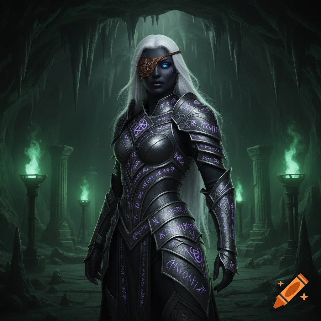 A dark-skinned female fantasy warrior with white hair and an eye patch, wearing runic armor in a mystical cave.