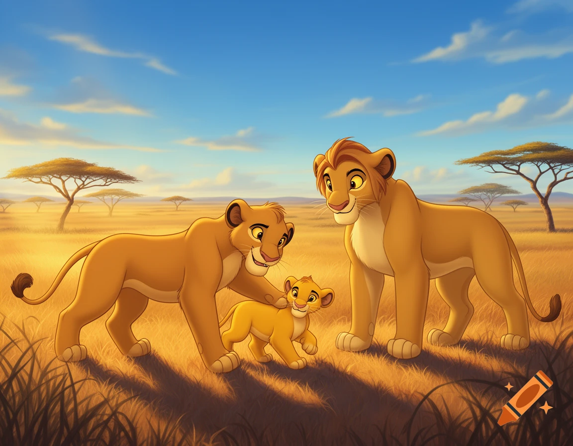 Cartoon lion family, an adult lioness and male lion with a cub, walking across a sunny savannah under a blue sky.