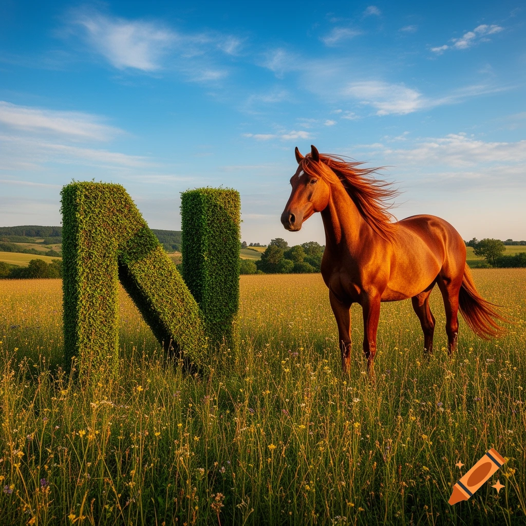 A majestic brown horse stands in a grassy field next to a large letter 'N' shaped topiary under a blue sky.