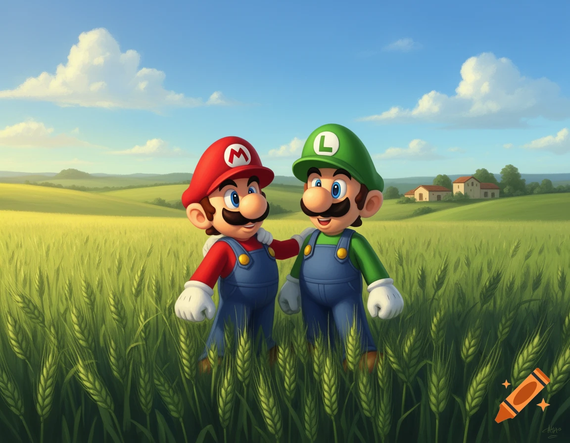Mario and Luigi stand together in a sunny green wheat field with distant farmhouses under a blue sky, in a vibrant cartoon style.