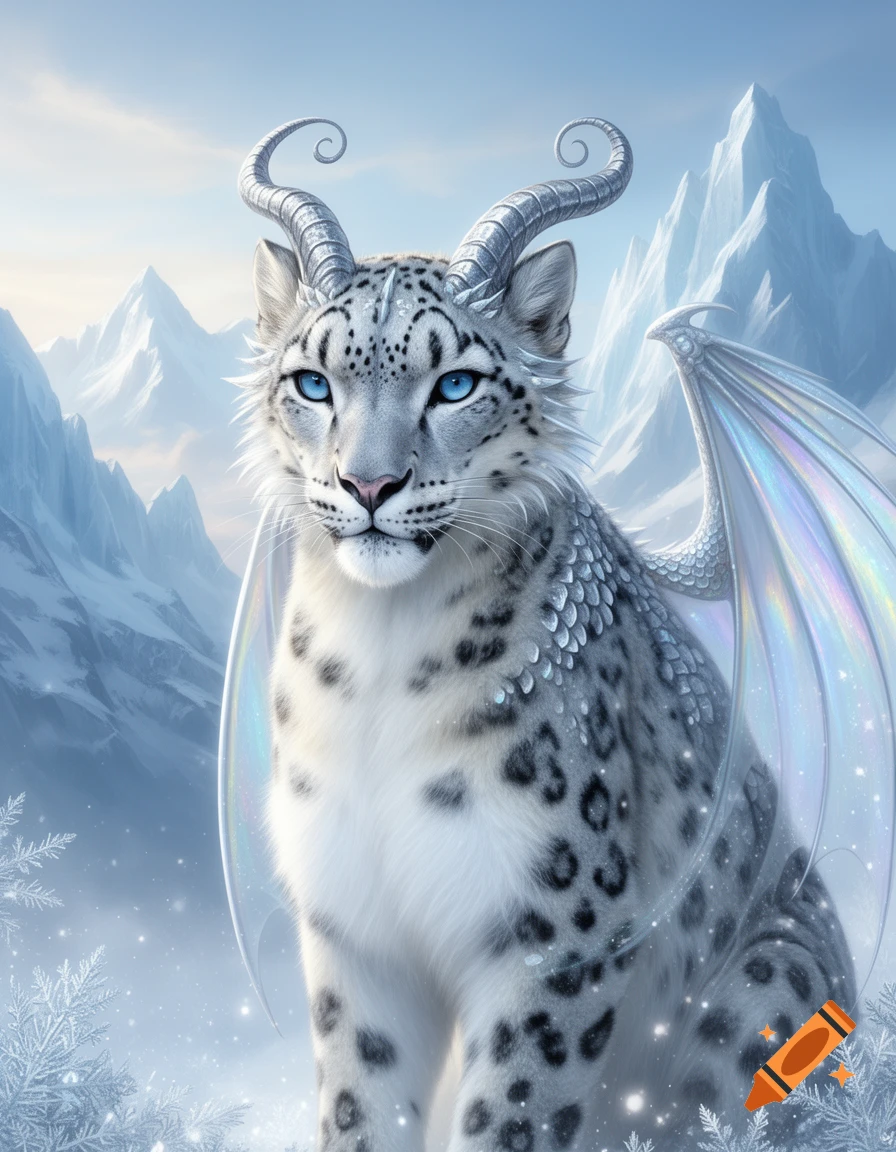 A majestic snow leopard-dragon hybrid with blue eyes, spiral horns, and iridescent wings sits in a snowy mountain landscape.